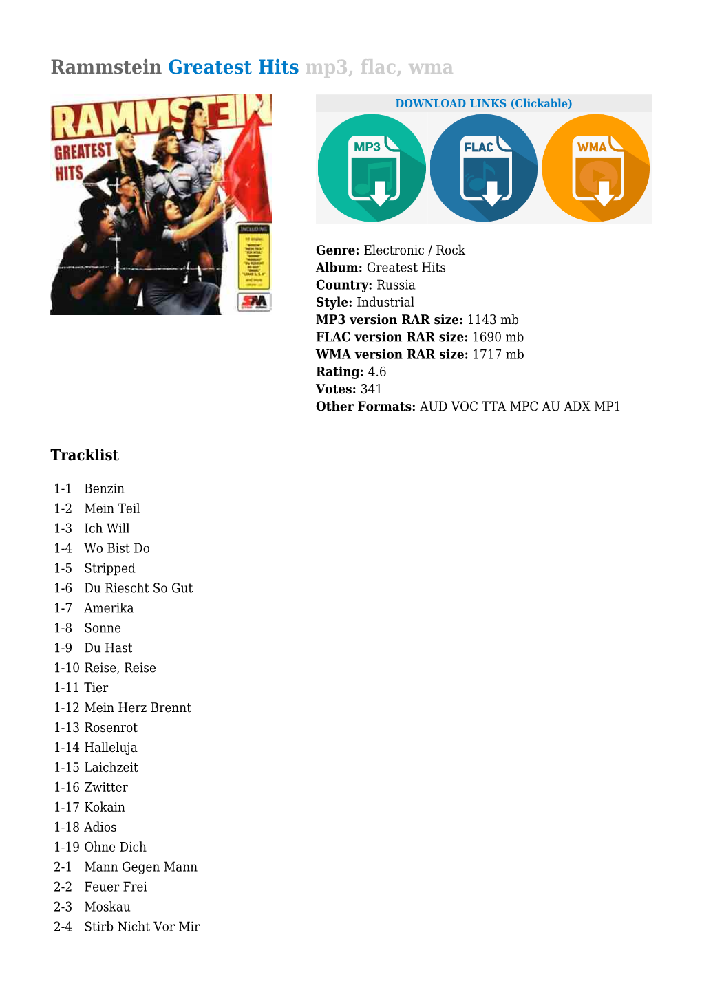 Rammstein Greatest Hits Mp3, Flac, Wma