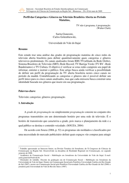 Perfil Das Categorias E Gêneros Na Televisão Brasileira Aberta No Período
