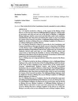 2018-A151 Title: Amend Constitution Article II.4-8 [Bishops Suffragan--First Reading] Legislative Action Taken: Concurred As Amended Final Text