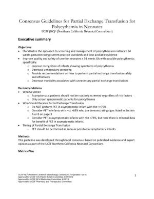 Consensus Guidelines for Partial Exchange Transfusion for Polycythemia in Neonates UCSF (NC)2 (Northern California Neonatal Consortium)