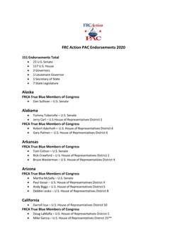 FRC Action PAC Endorsements 2020 Alaska Alabama Arkansas Arizona