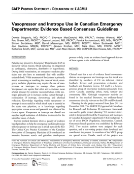 Vasopressor and Inotrope Use in Canadian Emergency Departments: Evidence Based Consensus Guidelines
