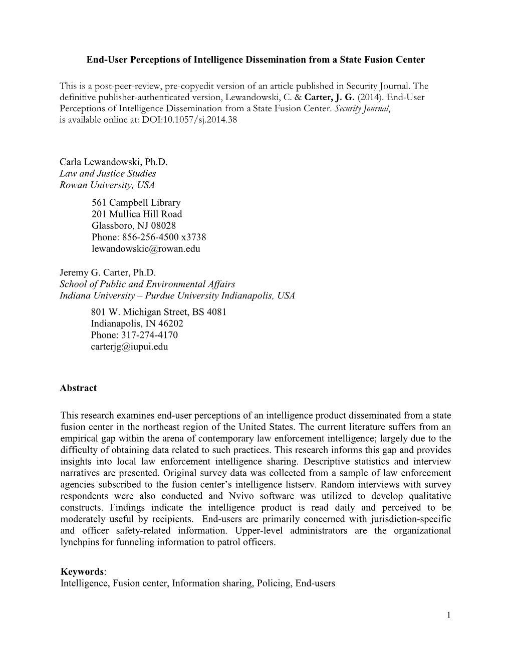 End-User Perceptions of Intelligence Dissemination from a State Fusion Center