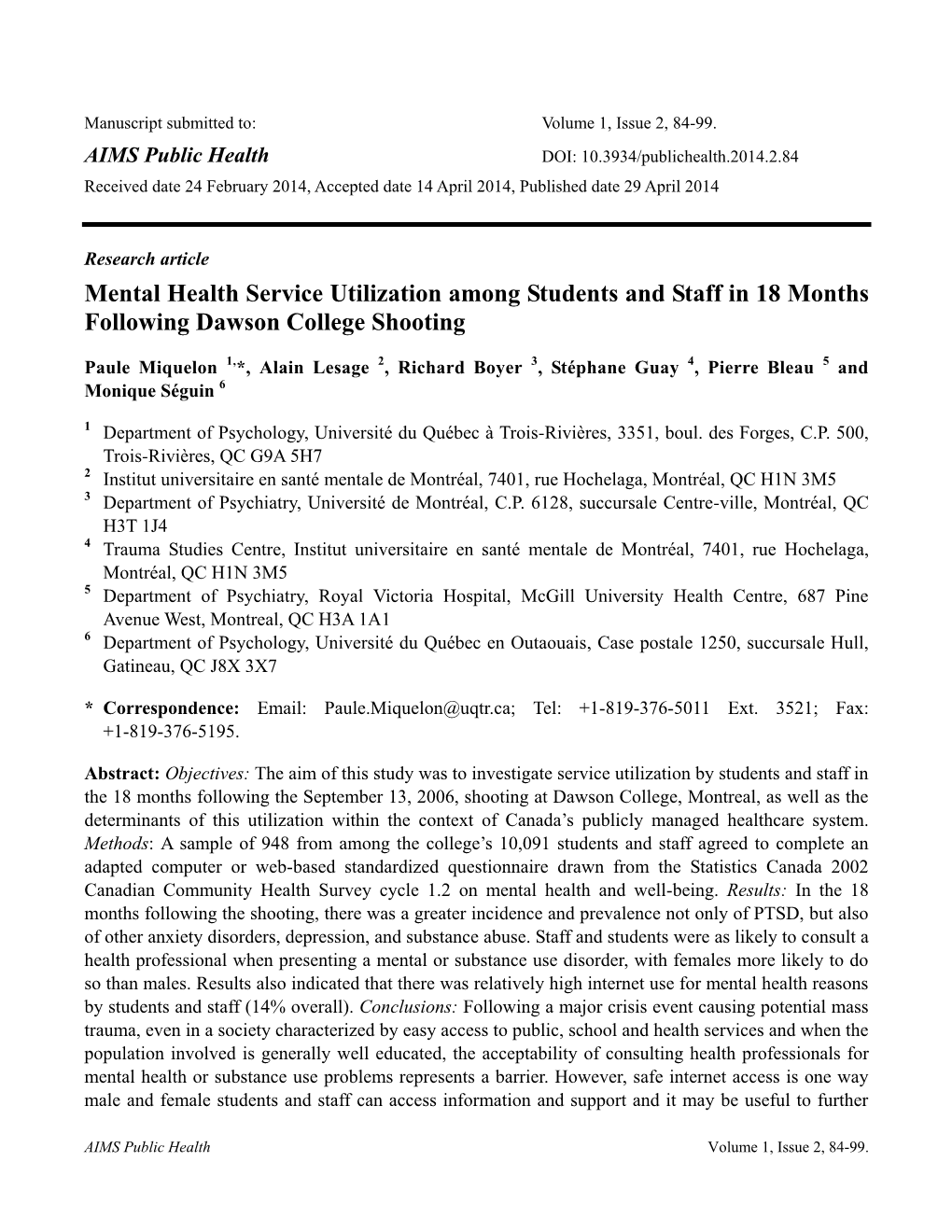 Mental Health Service Utilization Among Students and Staff in 18 Months Following Dawson College Shooting