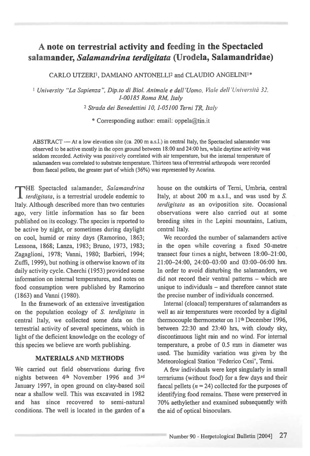 A Note on Terrestrial Activity and Feeding in the Spectacled Salamander, Salamandrina Terdigitata (Urodela, Salamandridae)