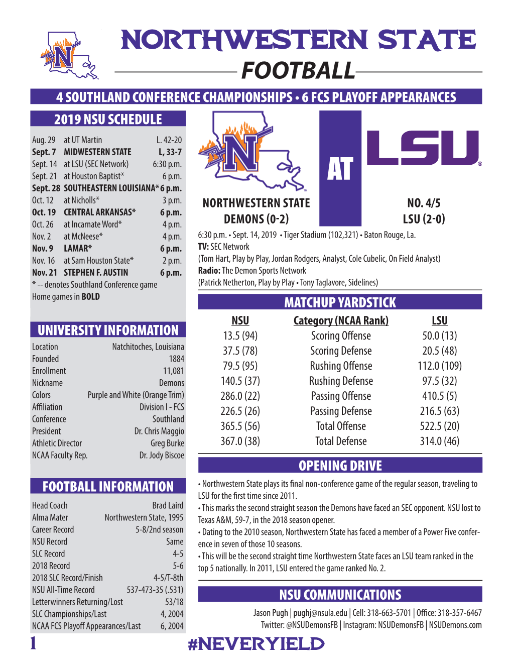 FOOTBALL 4 SOUTHLAND CONFERENCE CHAMPIONSHIPS • 6 FCS PLAYOFF APPEARANCES 2019 NSU SCHEDULE Aug