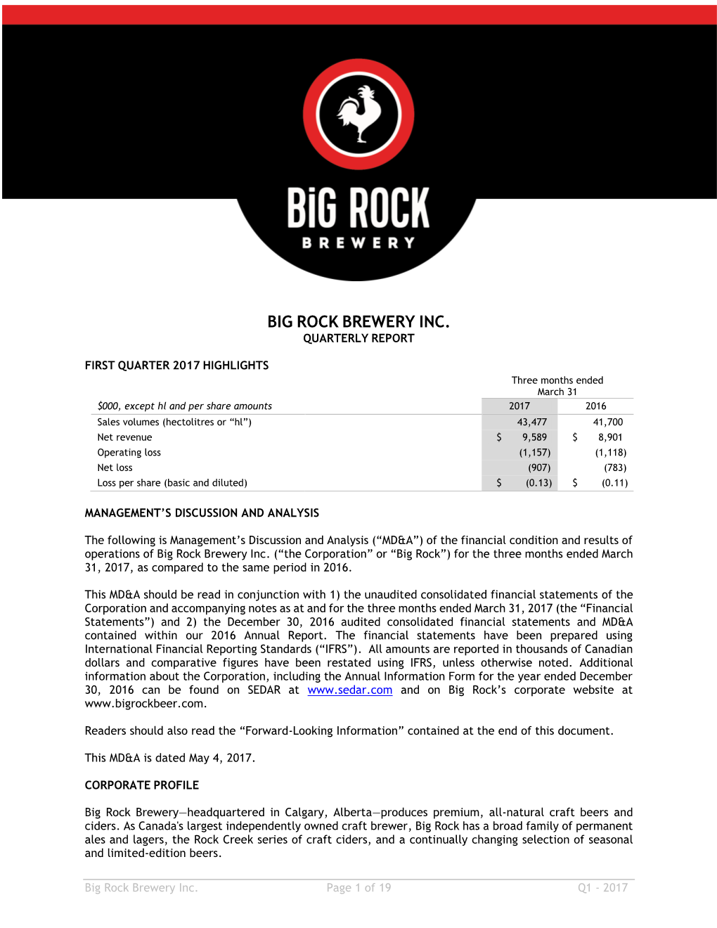 Big Rock Brewery Inc. Quarterly Report