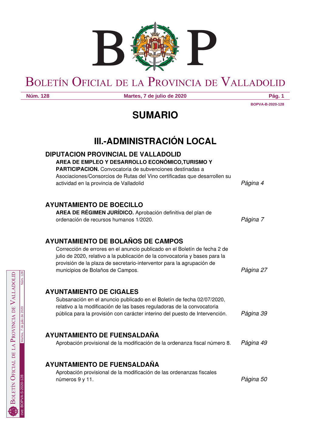 Sumario Boletín Oficial De La Provincia De Valladolid