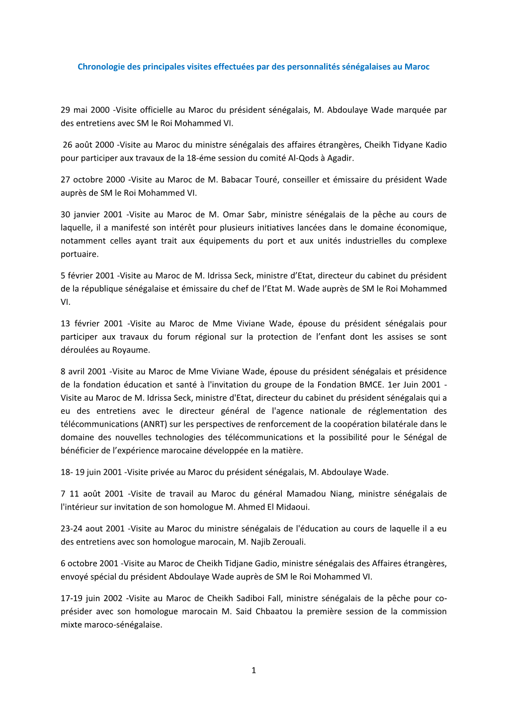 1 Chronologie Des Principales Visites Effectuées Par Des Personnalités Sénégalaises Au Maroc 29 Mai 2000 -Visite Officielle