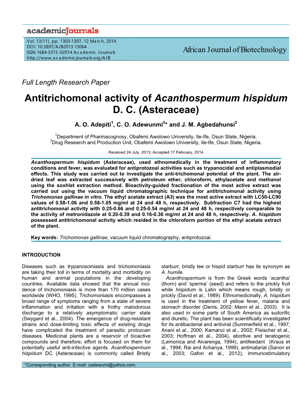 Antitrichomonal Activity of Acanthospermum Hispidum DC