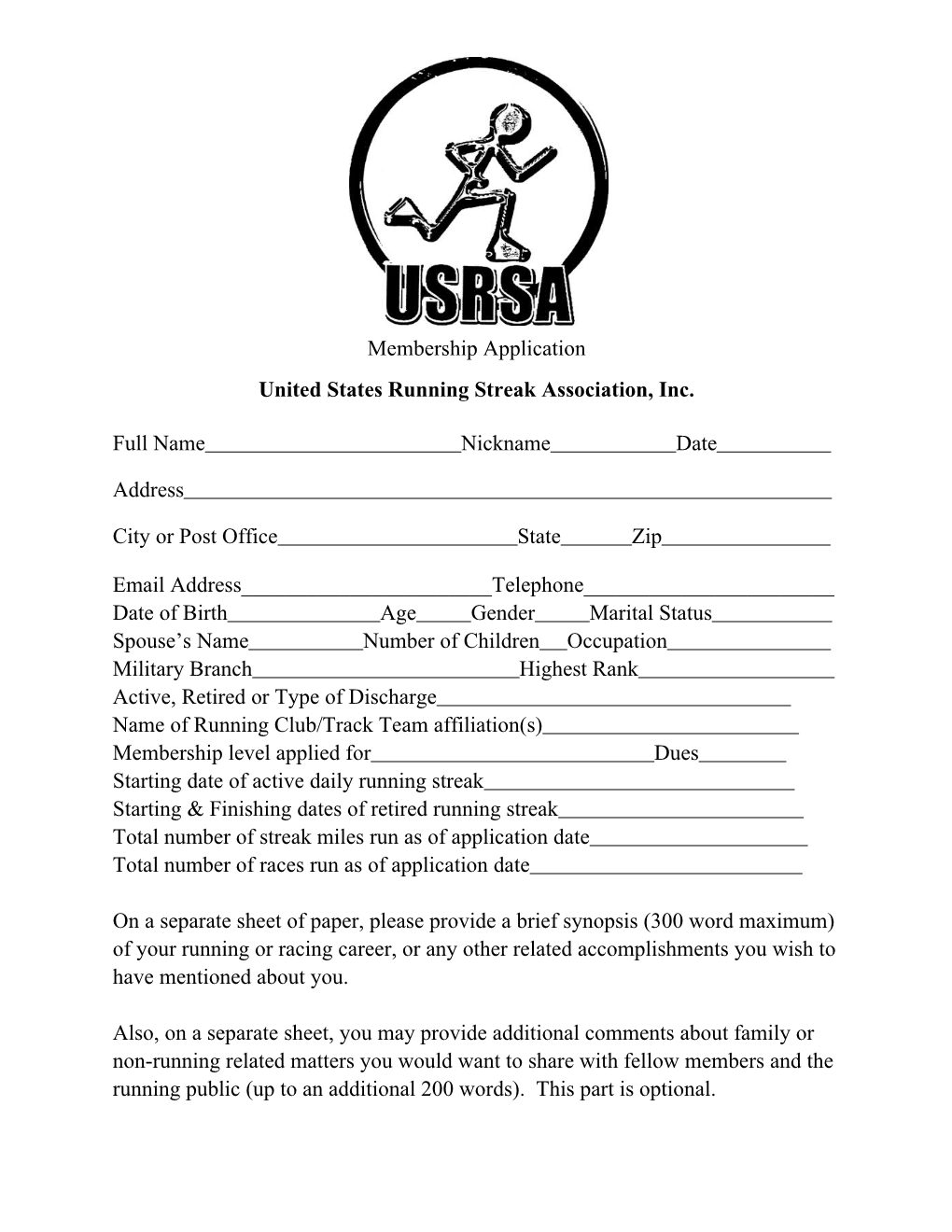 Membership Application United States Running Streak Association, Inc