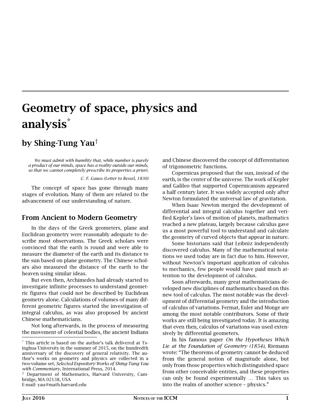 Geometry of Space, Physics and Analysis* by Shing-Tung Yau†