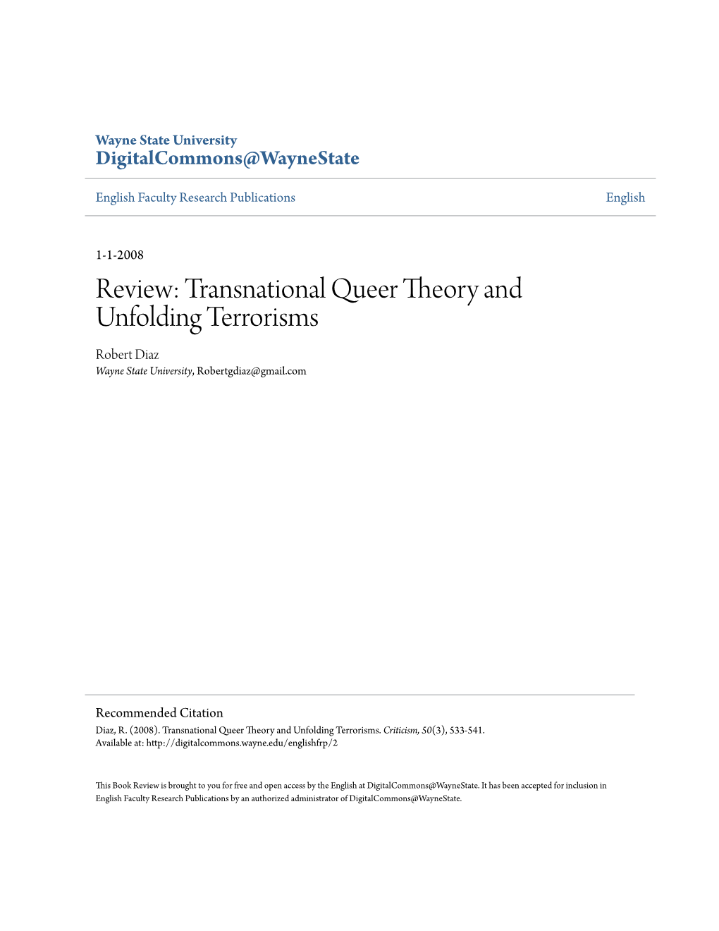 Review: Transnational Queer Theory and Unfolding Terrorisms Robert Diaz Wayne State University, Robertgdiaz@Gmail.Com