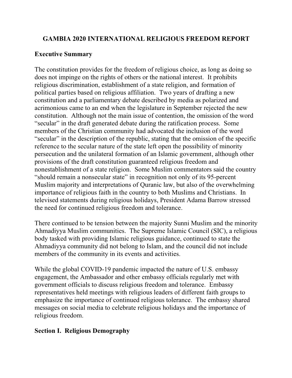 Gambia 2020 International Religious Freedom Report