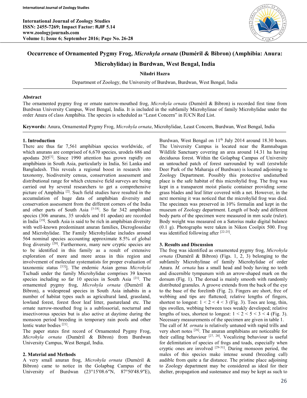 26 Occurrence of Ornamented Pygmy Frog, Microhyla Ornata (Duméril