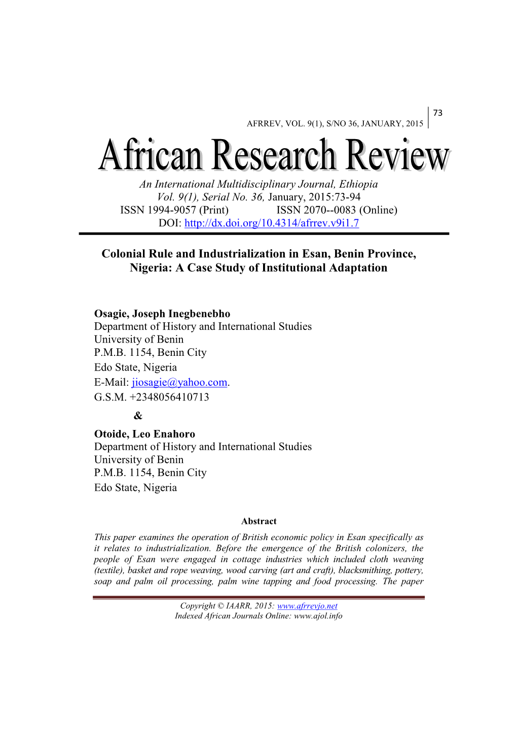 Afrrev, 9(1), S/No 36, January, 2015