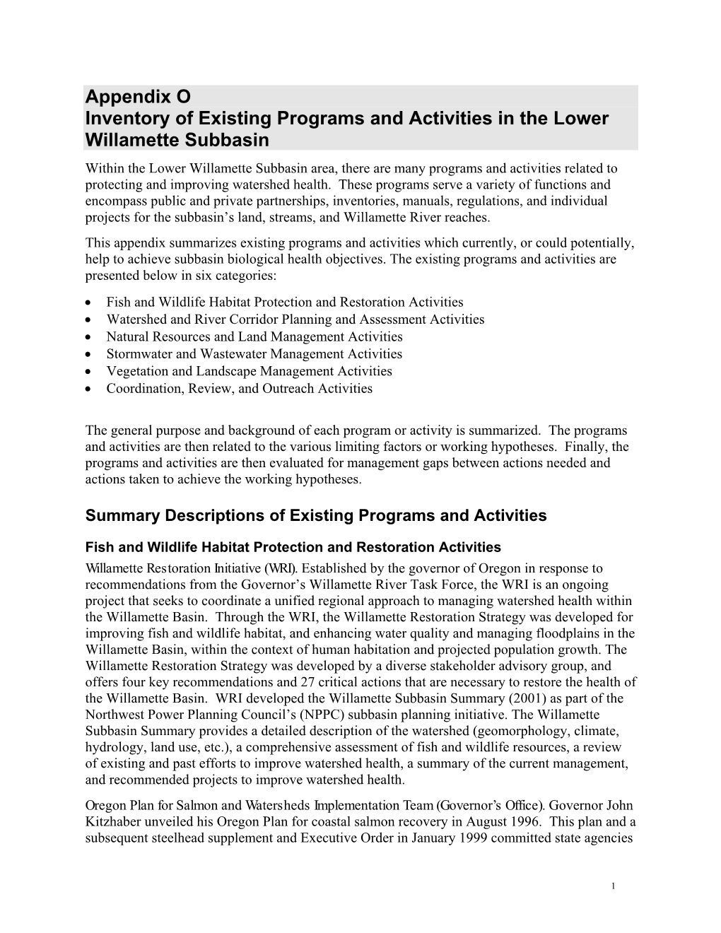 Appendix O Inventory of Existing Programs and Activities in The