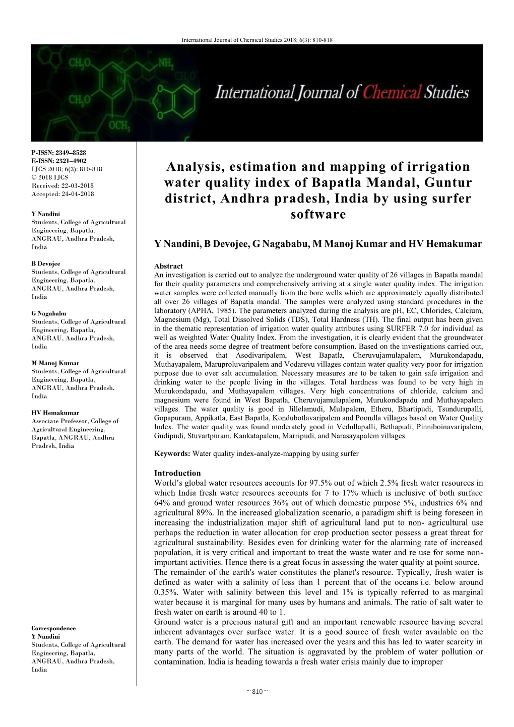 Analysis, Estimation and Mapping of Irrigation Water Quality Index of Bapatla Mandal, Guntur District, Andhra Pradesh, India By