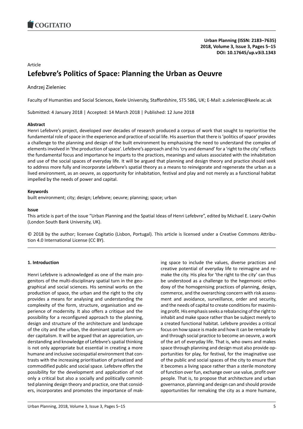 Lefebvre's Politics of Space: Planning the Urban As Oeuvre