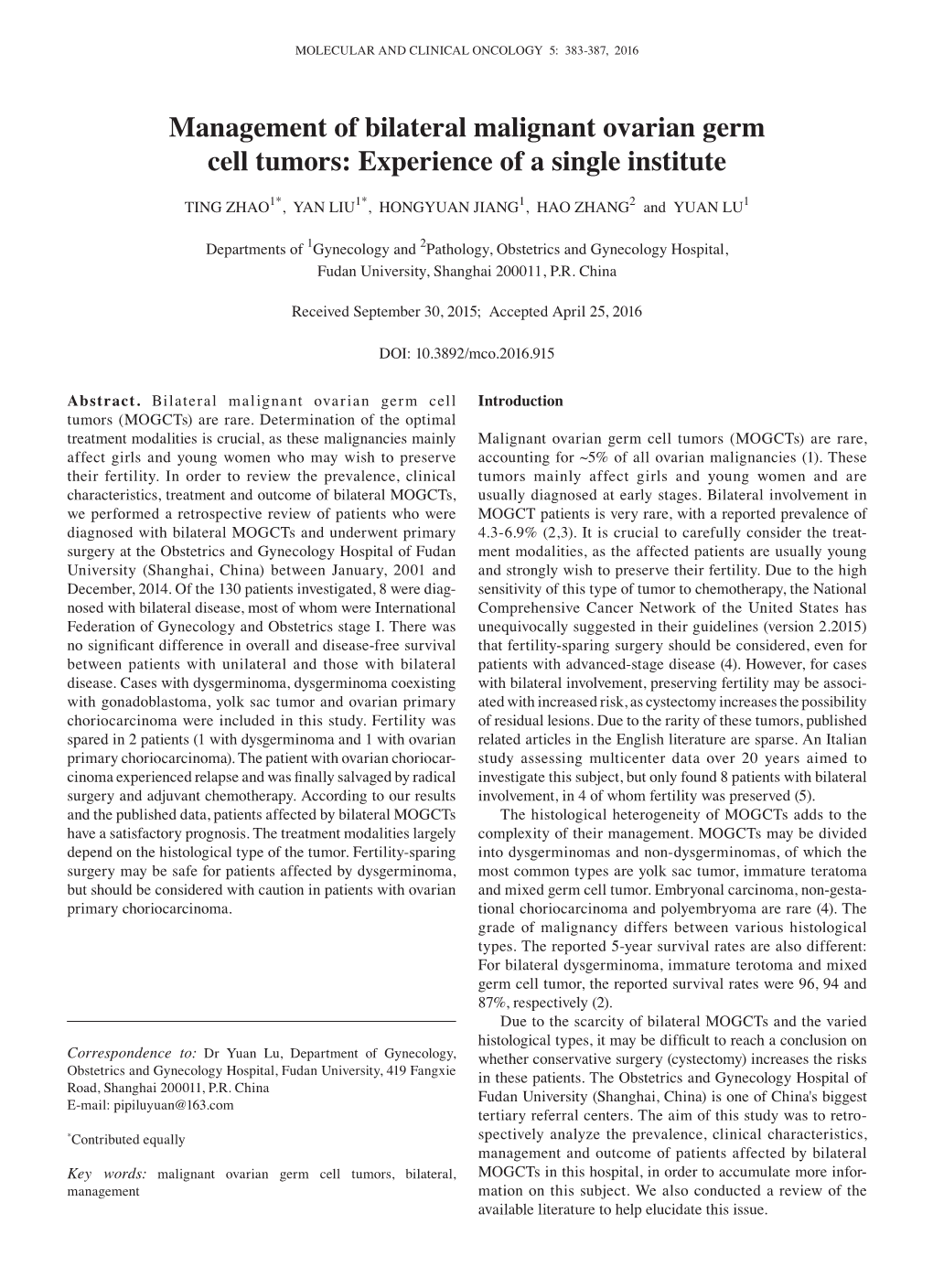 Management of Bilateral Malignant Ovarian Germ Cell Tumors: Experience of a Single Institute