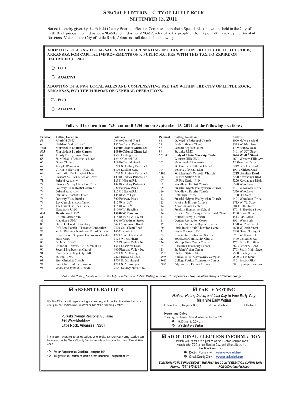 Special Election – City of Little Rock September 13, 2011