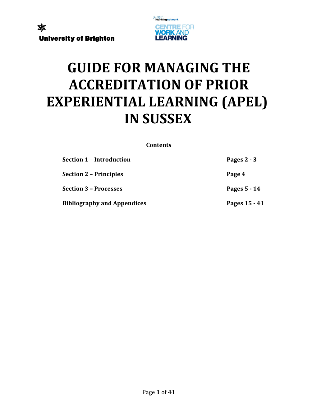 Guide for Managing the Accreditation of Prior Experiential Learning (APEL) in Sussex