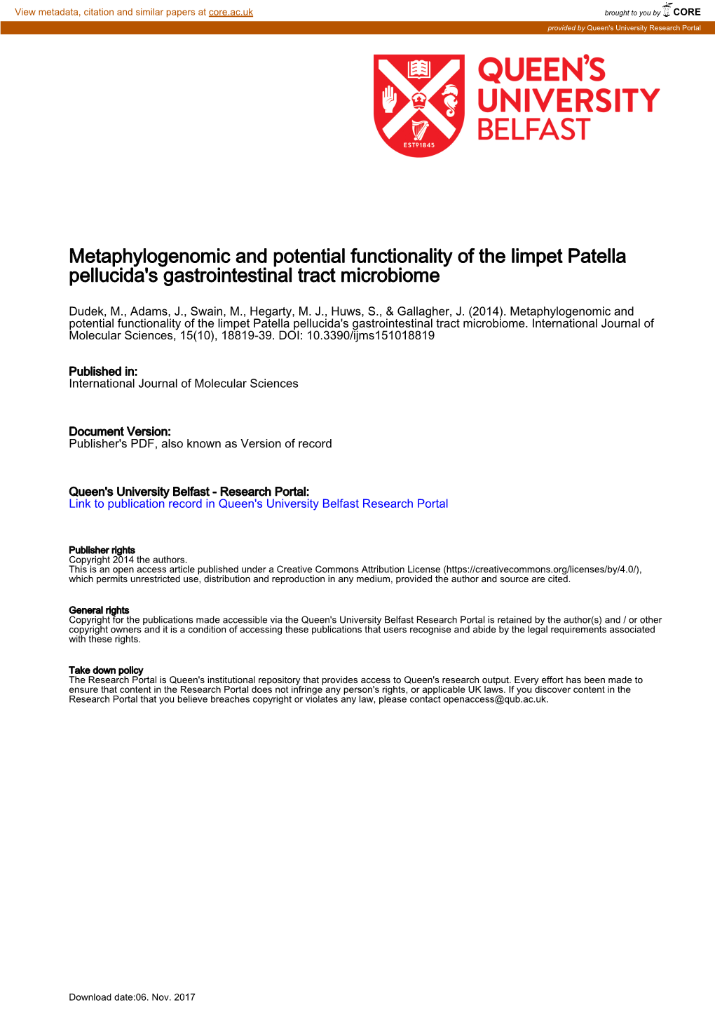 Metaphylogenomic and Potential Functionality of the Limpet Patella Pellucida's Gastrointestinal Tract Microbiome