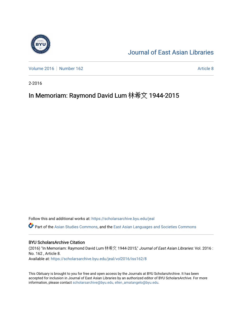 Journal of East Asian Libraries in Memoriam: Raymond David Lum