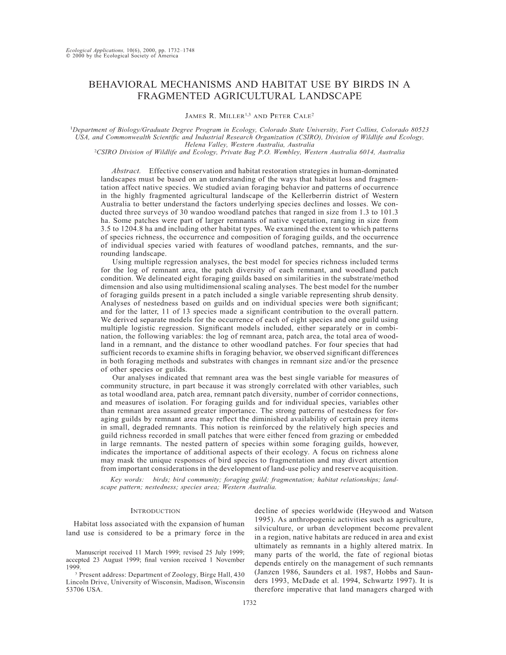 Behavioral Mechanisms and Habitat Use by Birds in a Fragmented Agricultural Landscape