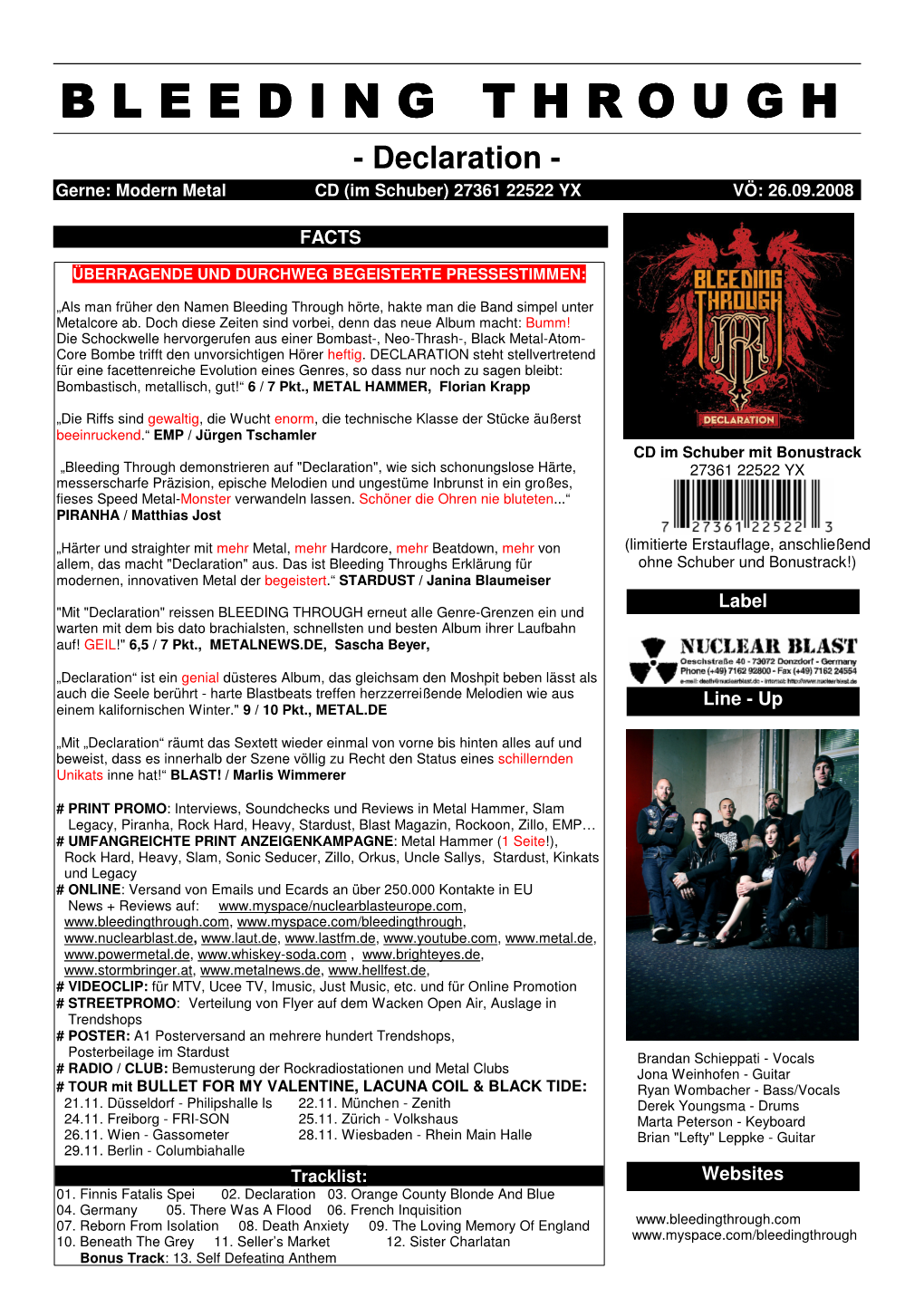 BLEEDING THROUGH - Declaration - Gerne: Modern Metal CD (Im Schuber) 27361 22522 YX VÖ: 26.09.2008