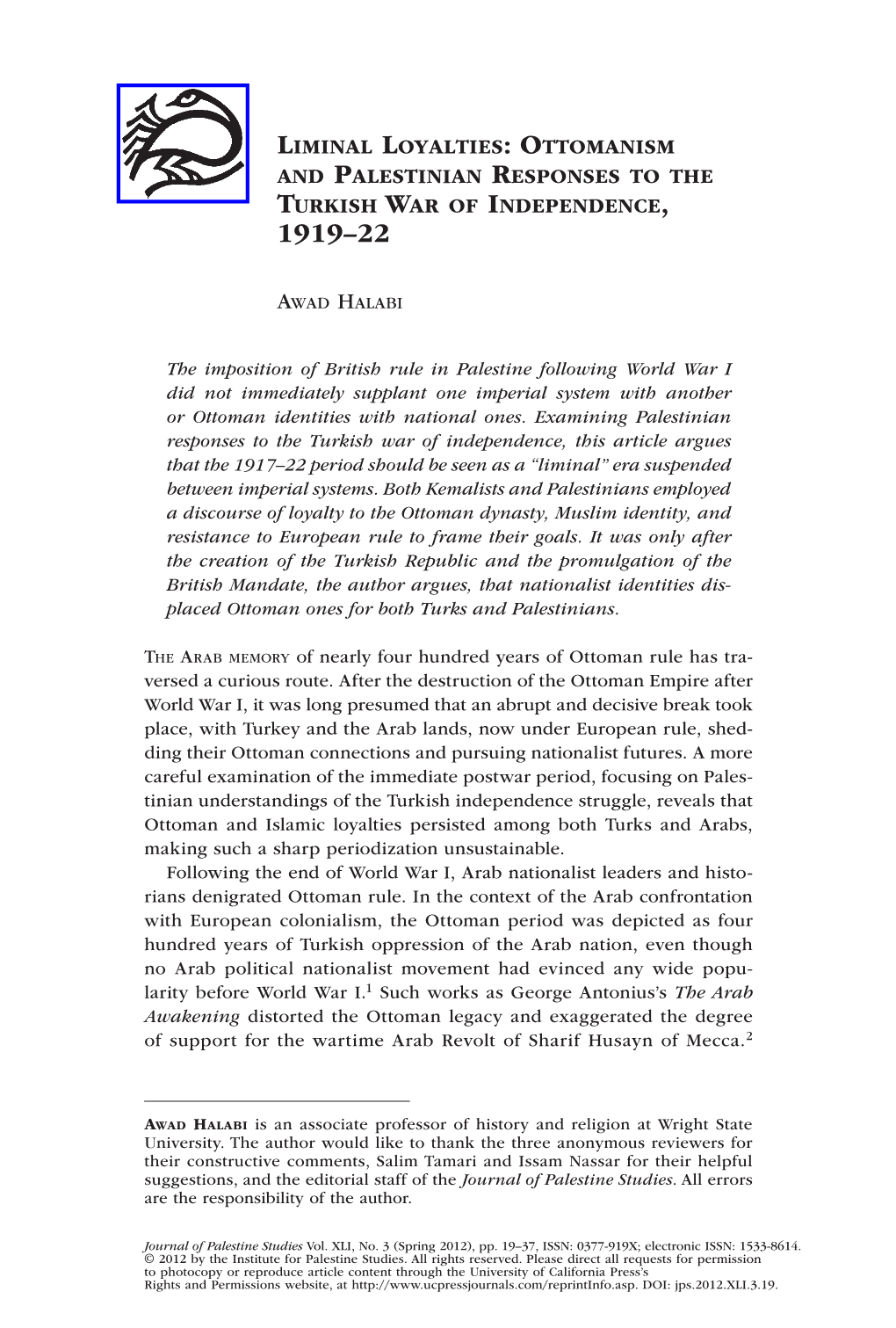 Ottomanism and Palestinian Responses to the Turkish War of Independence, 1919–22