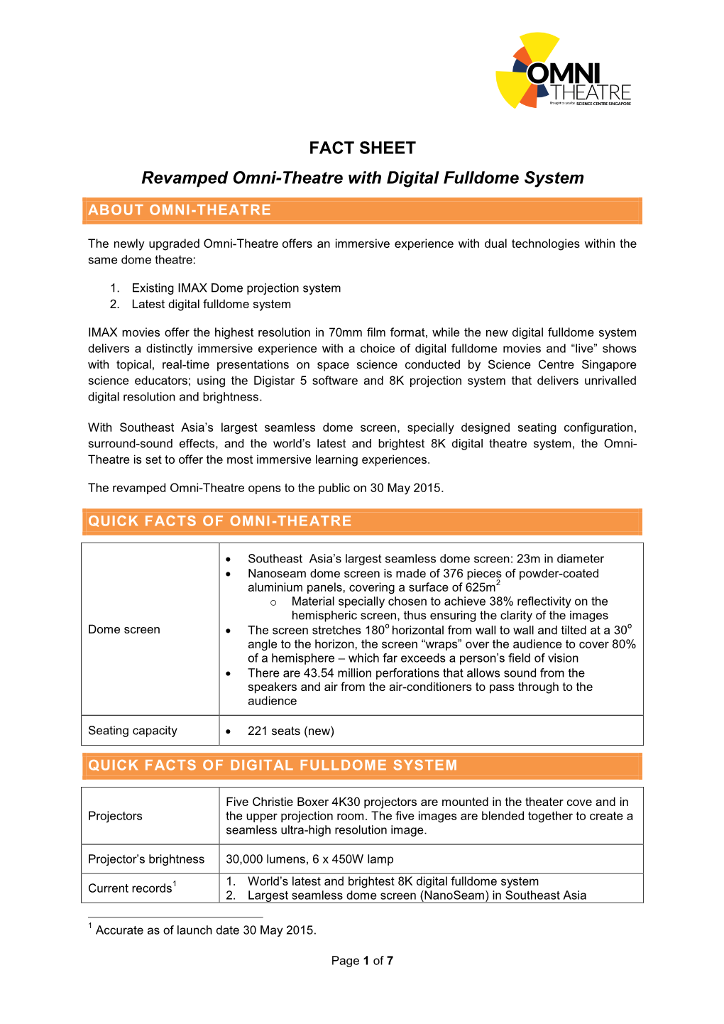 FACT SHEET Revamped Omni-Theatre with Digital Fulldome
