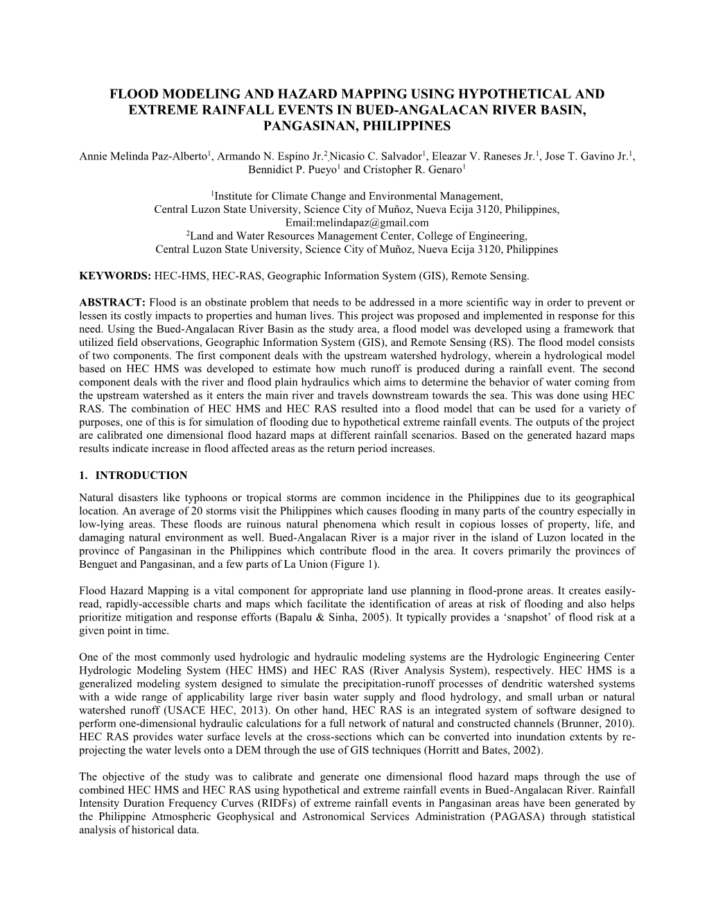 Flood Modeling and Hazard Mapping Using Hypothetical and Extreme Rainfall Events in Bued-Angalacan River Basin, Pangasinan, Philippines