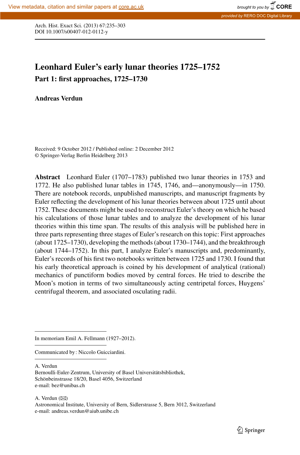 Leonhard Euler's Early Lunar Theories 1725–1752