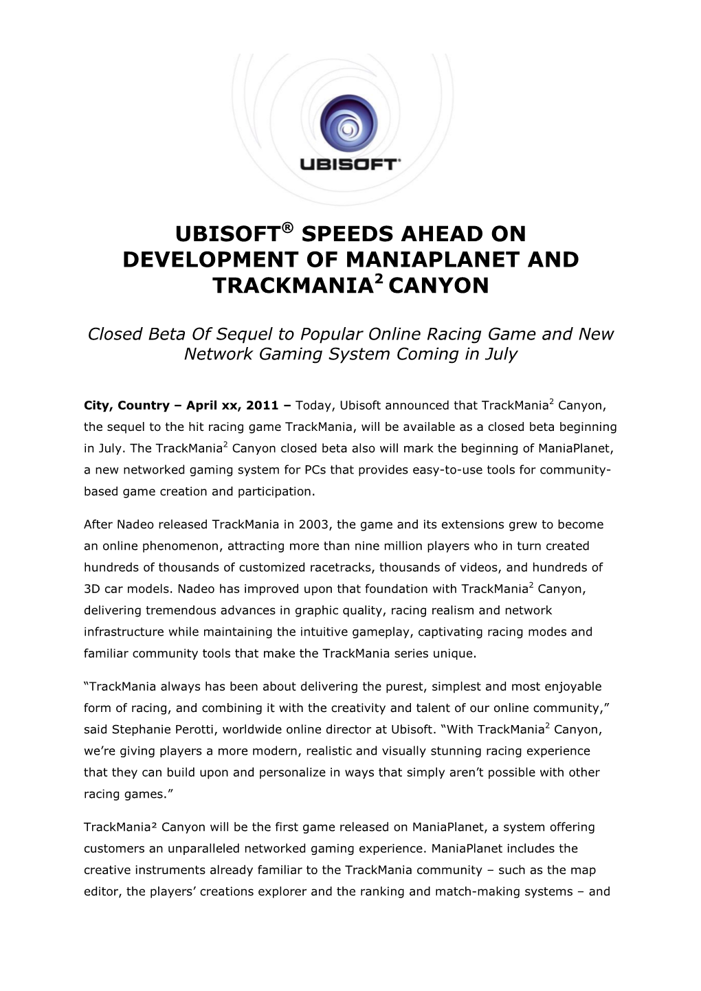 Ubisoft® Speeds Ahead on Development of Maniaplanet and Trackmania2 Canyon