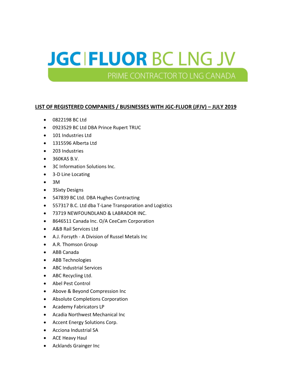 List of Registered Companies / Businesses with Jgc-Fluor (Jfjv) – July 2019