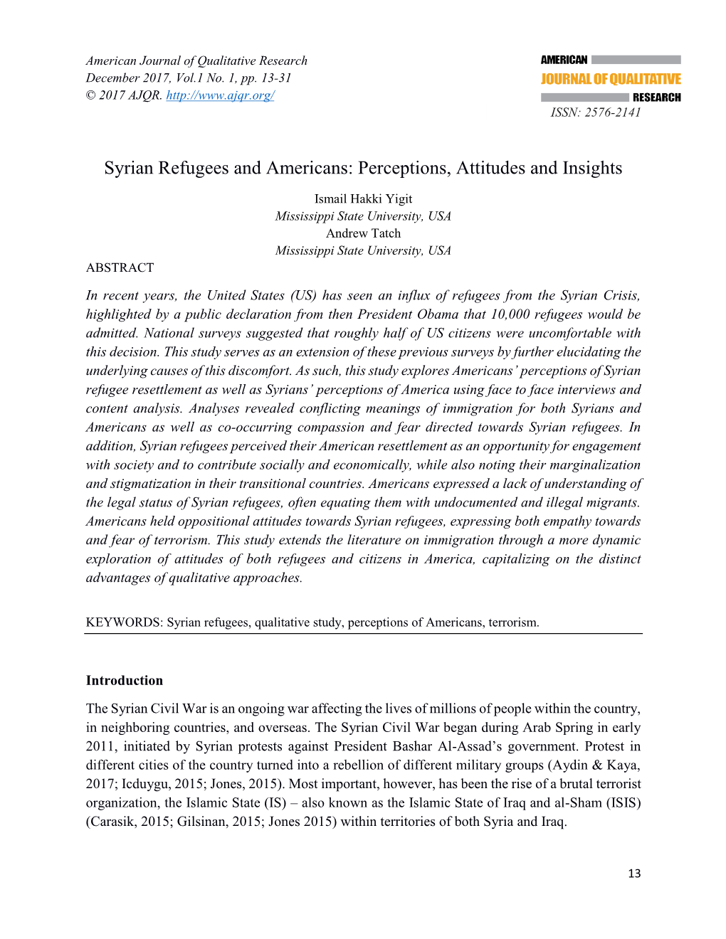 Syrian Refugees and Americans: Perceptions, Attitudes and Insights