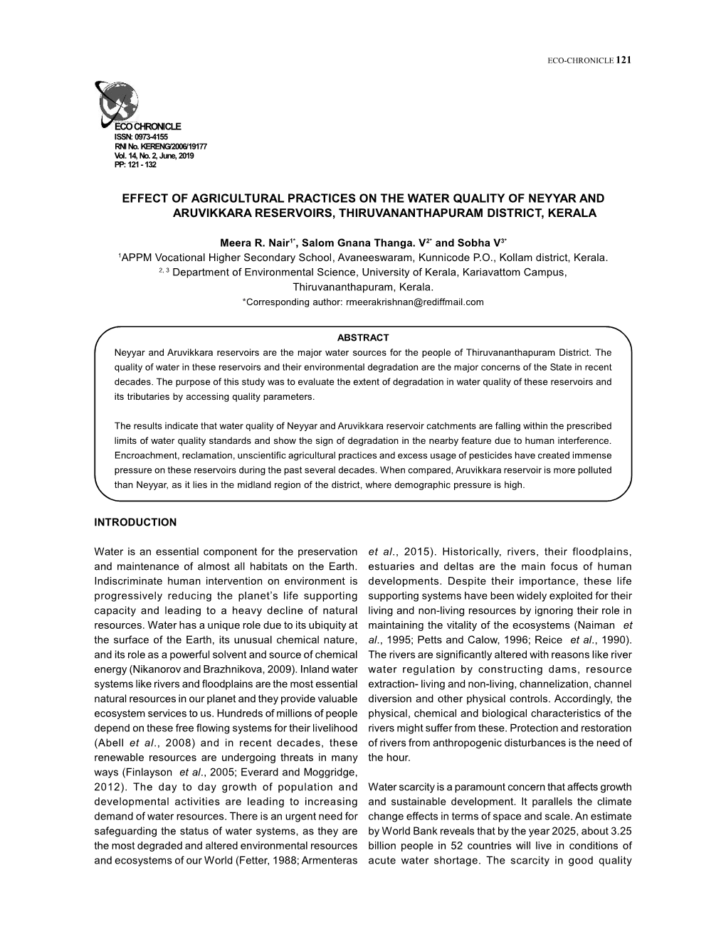 Effect of Agricultural Practices on the Water Quality of Neyyar and Aruvikkara Reservoirs, Thiruvananthapuram District, Kerala