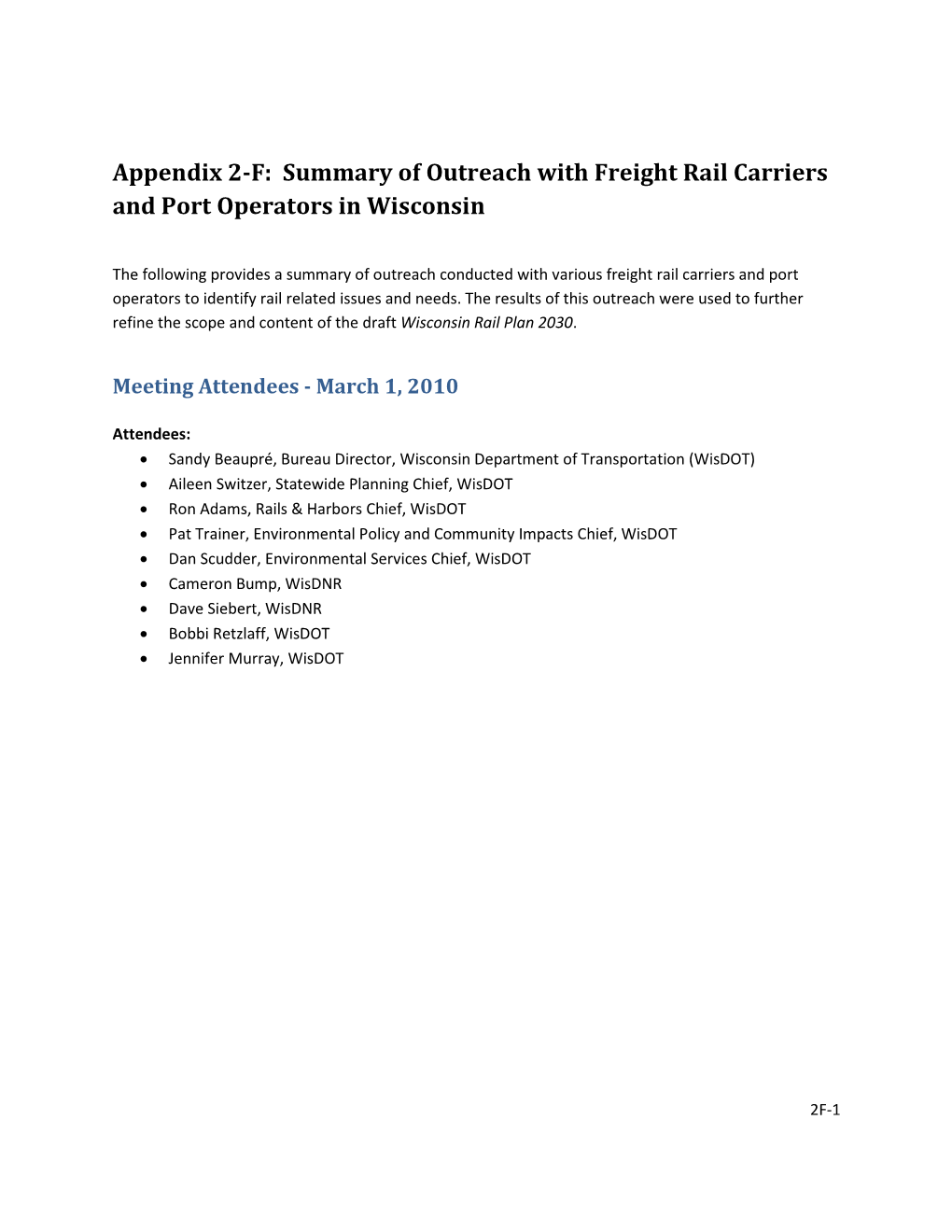 Summary of Outreach with Freight Rail Carriers and Port Operators in Wisconsin