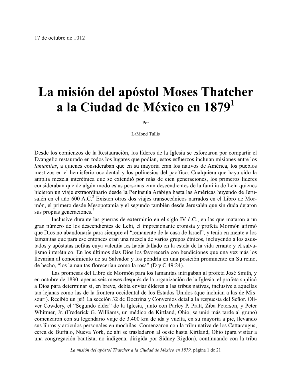 La Misión Del Apóstol Moses Thatcher a La Ciudad De México En 18791