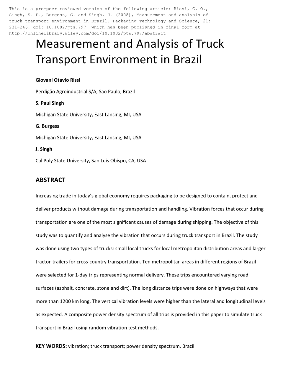 Measurement and Analysis of Truck Transport Environment in Brazil