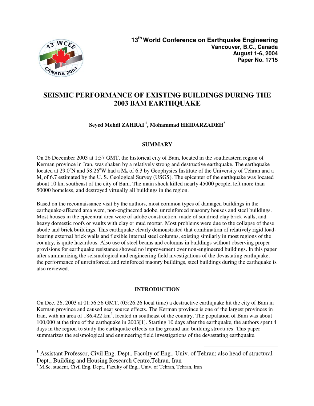 Seismic Performance of Existing Buildings During 2003 Bam Earthquake