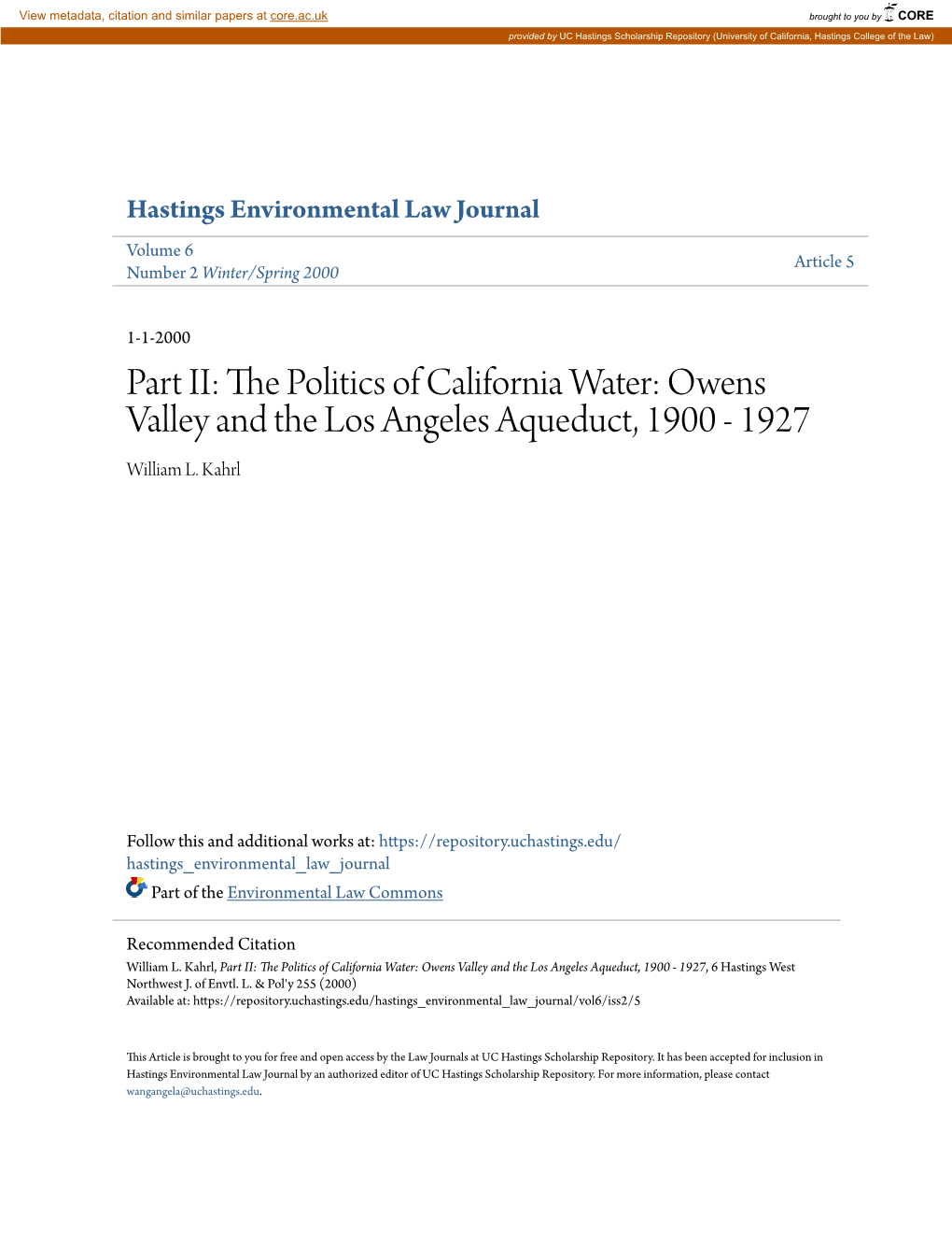 Part II: the Politics of California Water: Owens Valley and the Los Angeles Aqueduct, 1900 - 1927, 6 Hastings West Northwest J