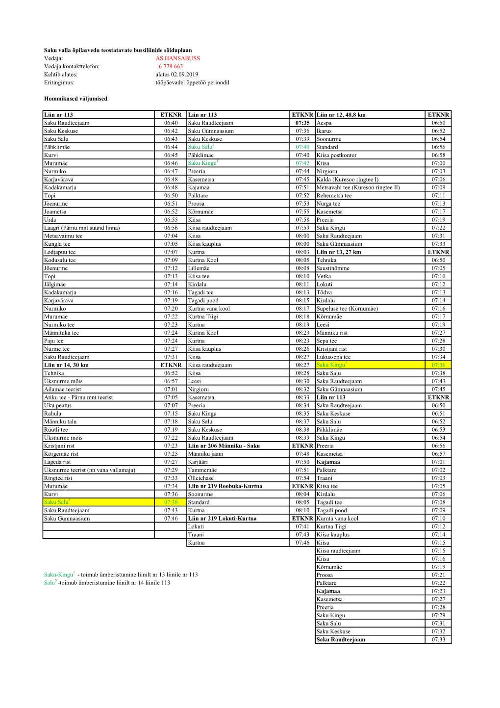 Saku Valla Õpilasvedu Teostatavate Bussiliinide Sõiduplaan Vedaja: AS