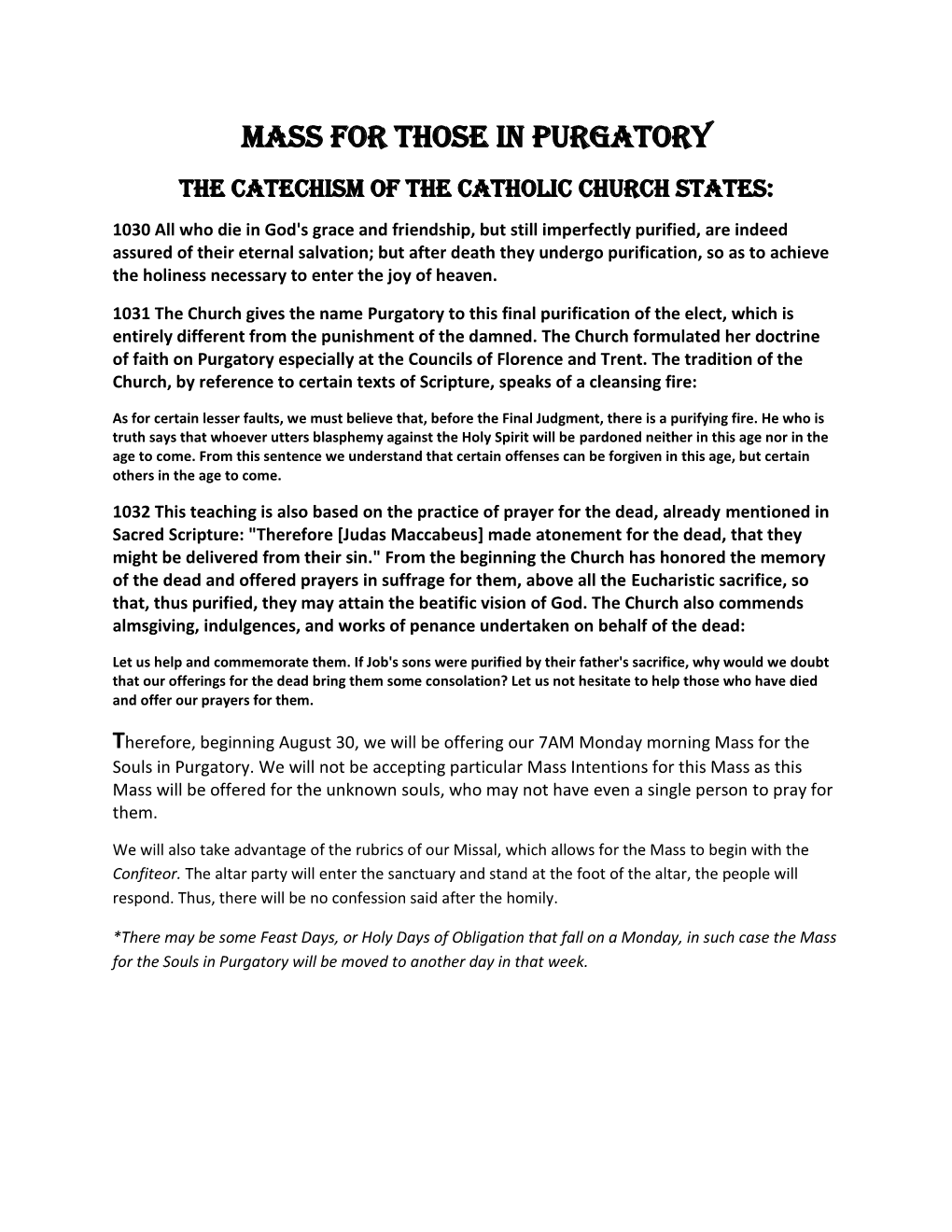 Mass for Those in Purgatory the Catechism of the Catholic Church States