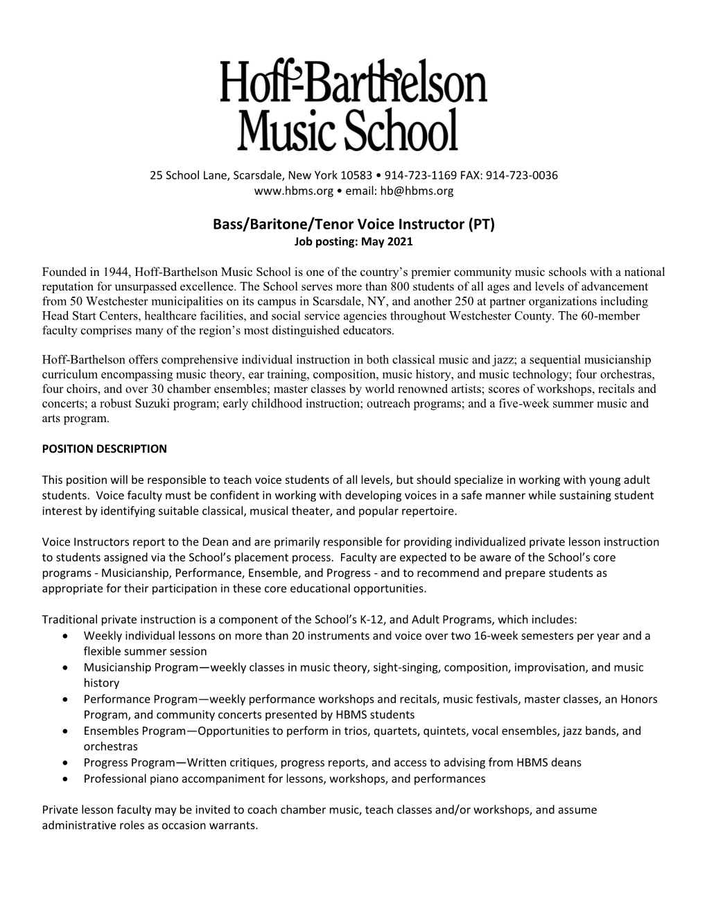 Bass/Baritone/Tenor Voice Instructor (PT) Job Posting: May 2021