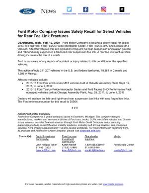 Ford Motor Company Issues Safety Recall for Select Vehicles for Rear Toe Link Fractures