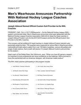 Men's Wearhouse Announces Partnership with National Hockey League Coaches Association