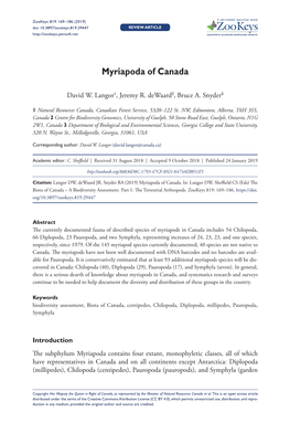 Myriapoda of Canada 169 Doi: 10.3897/Zookeys.819.29447 REVIEW ARTICLE Launched to Accelerate Biodiversity Research