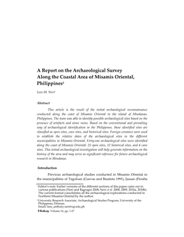 A Report on the Archaeological Survey Along the Coastal Area of Misamis Oriental, Philippines1